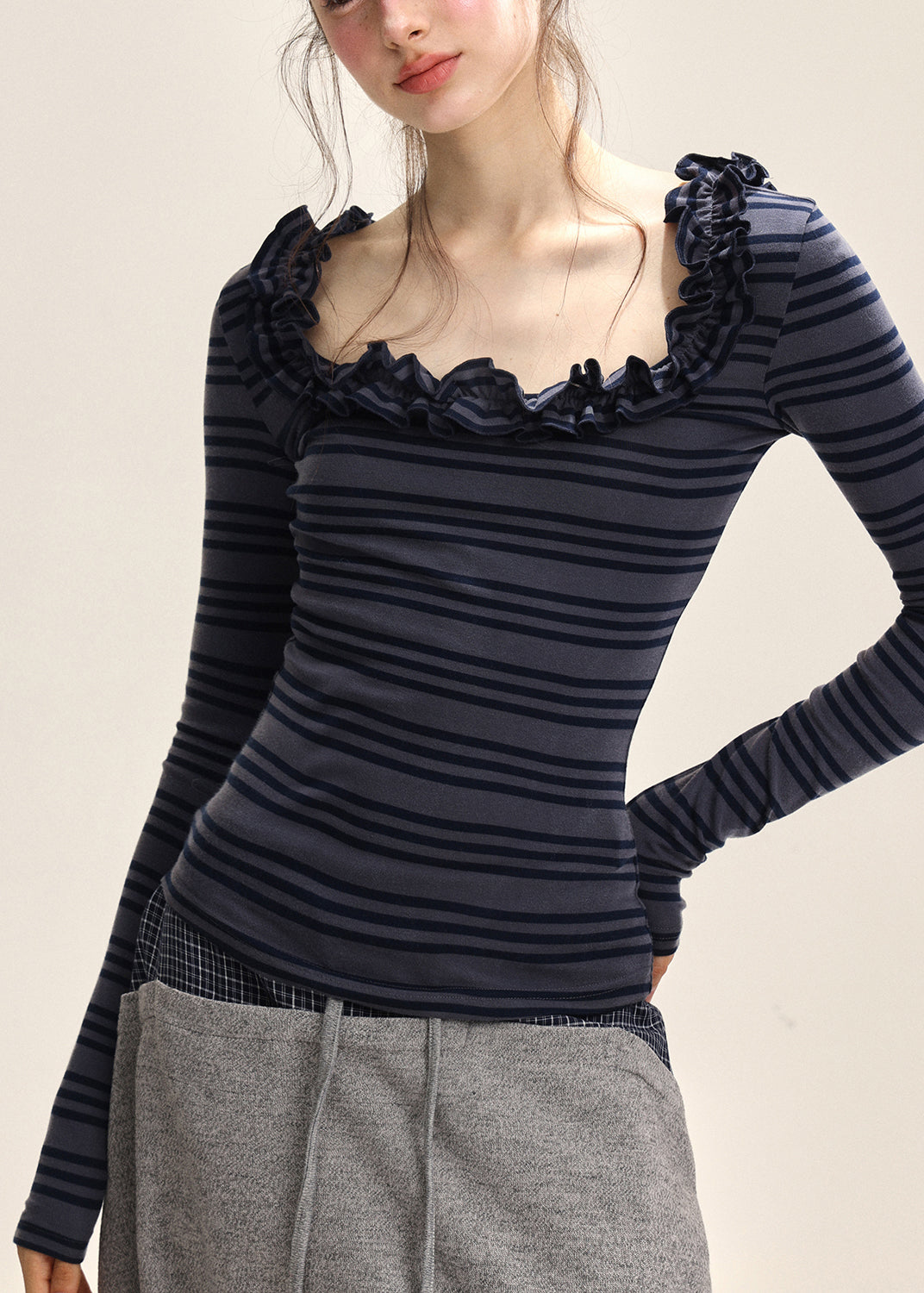 Dark Blue Striped Ruffled Patchwork T Shirt Fall