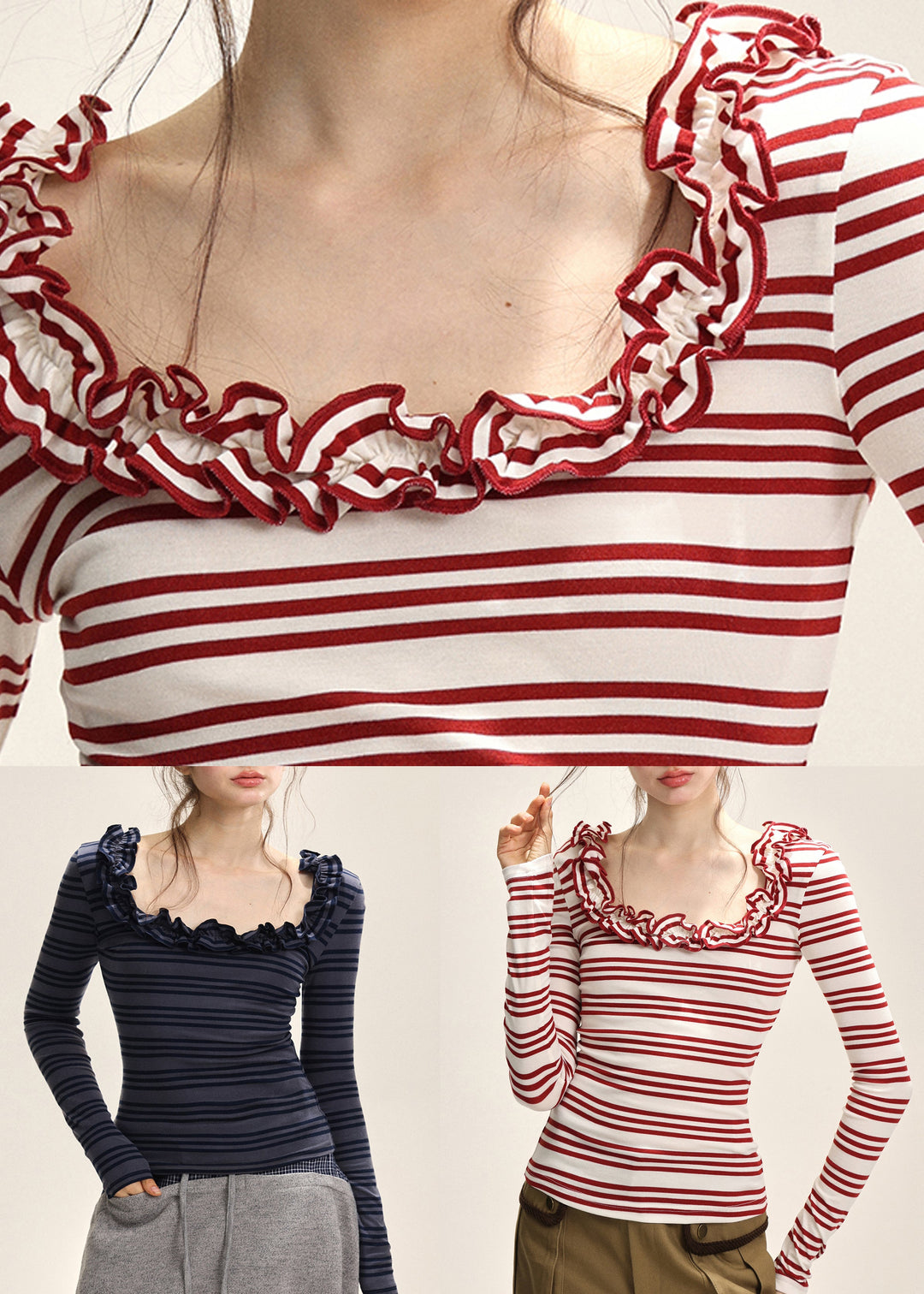 Dark Blue Striped Ruffled Patchwork T Shirt Fall