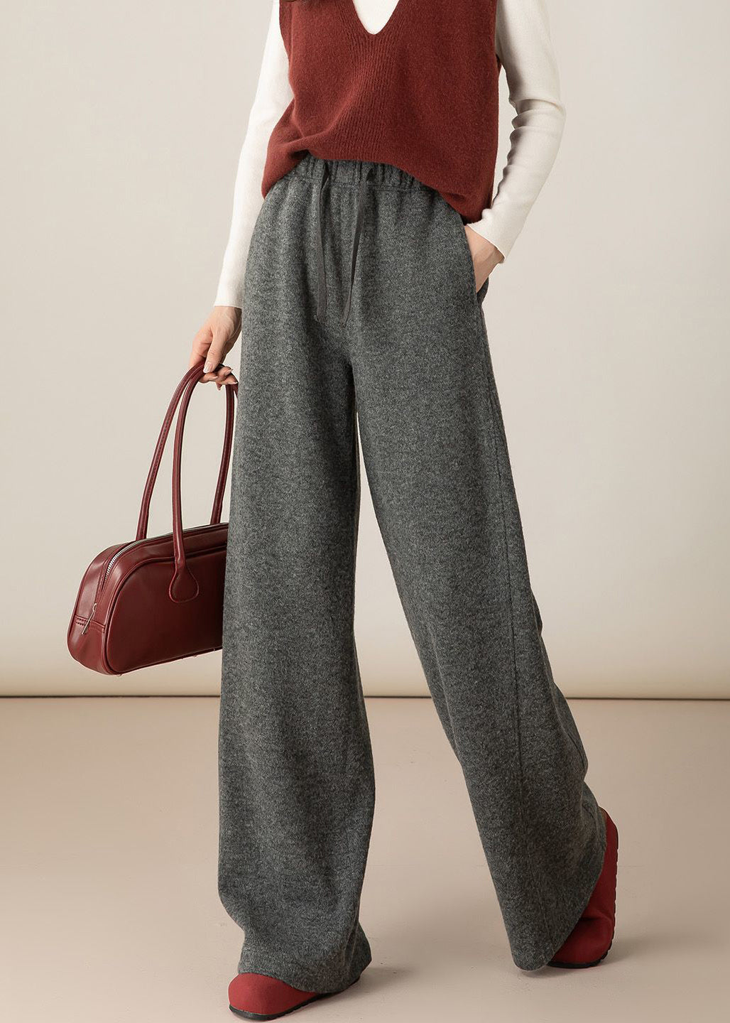 Dark Gray Elastic Waist Woolen Wide Leg Pants Pockets
