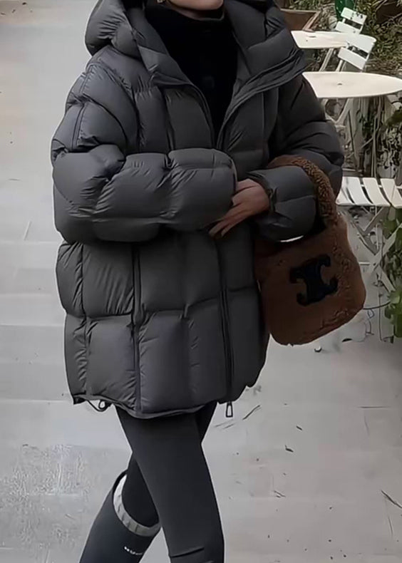 Dark Gray Plaid Drawstring Solid Duck Down Winter Puffer Coat Hooded
