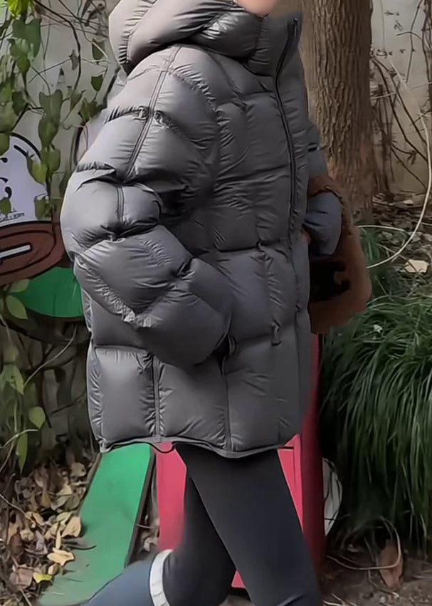 Dark Gray Plaid Drawstring Solid Duck Down Winter Puffer Coat Hooded