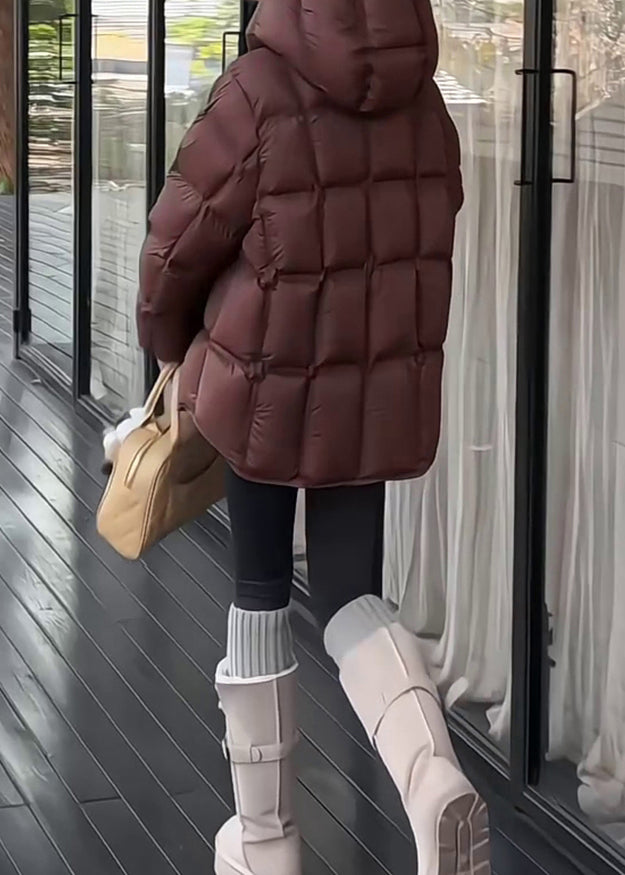 Dark Gray Plaid Drawstring Solid Duck Down Winter Puffer Coat Hooded