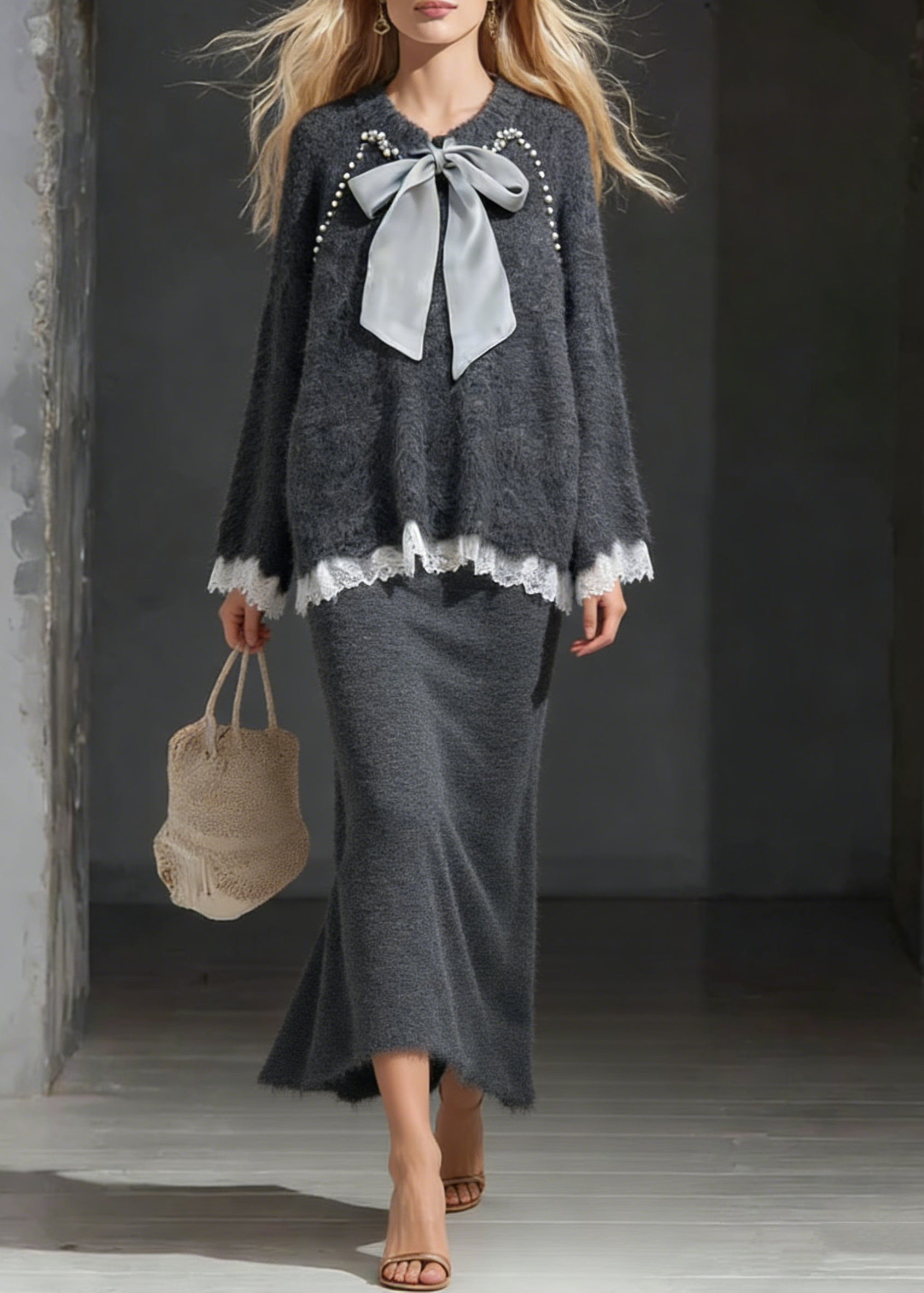 Dark Gray Sweater And Skirt Lace Patchwork Knit Two Piece Set Lace Up - Omychic