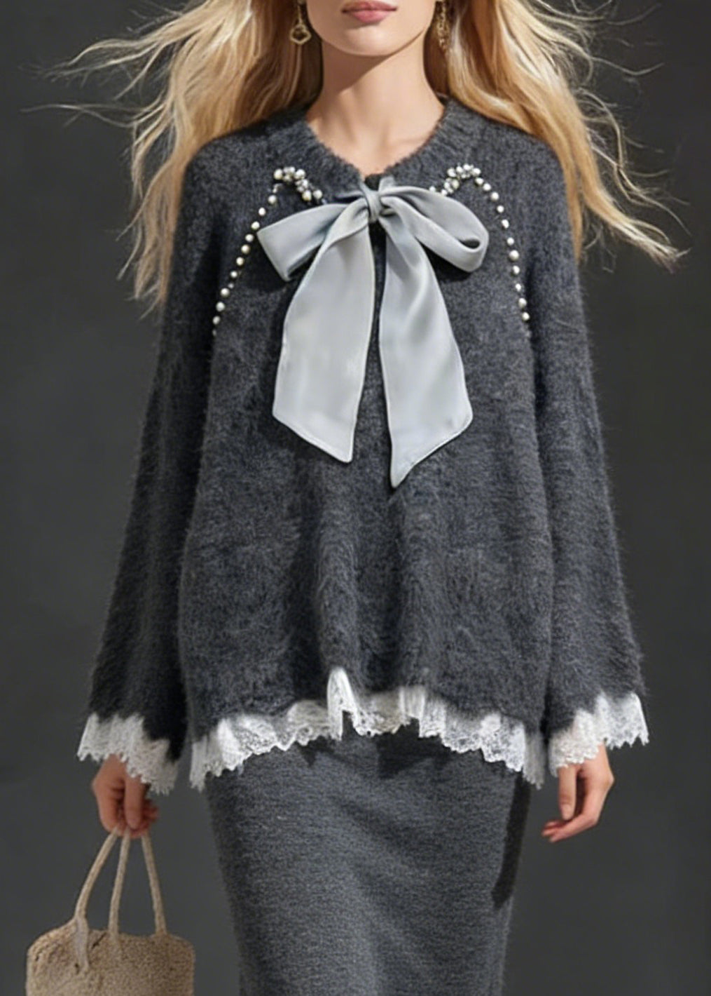 Dark Gray Sweater And Skirt Lace Patchwork Knit Two Piece Set Lace Up - Omychic