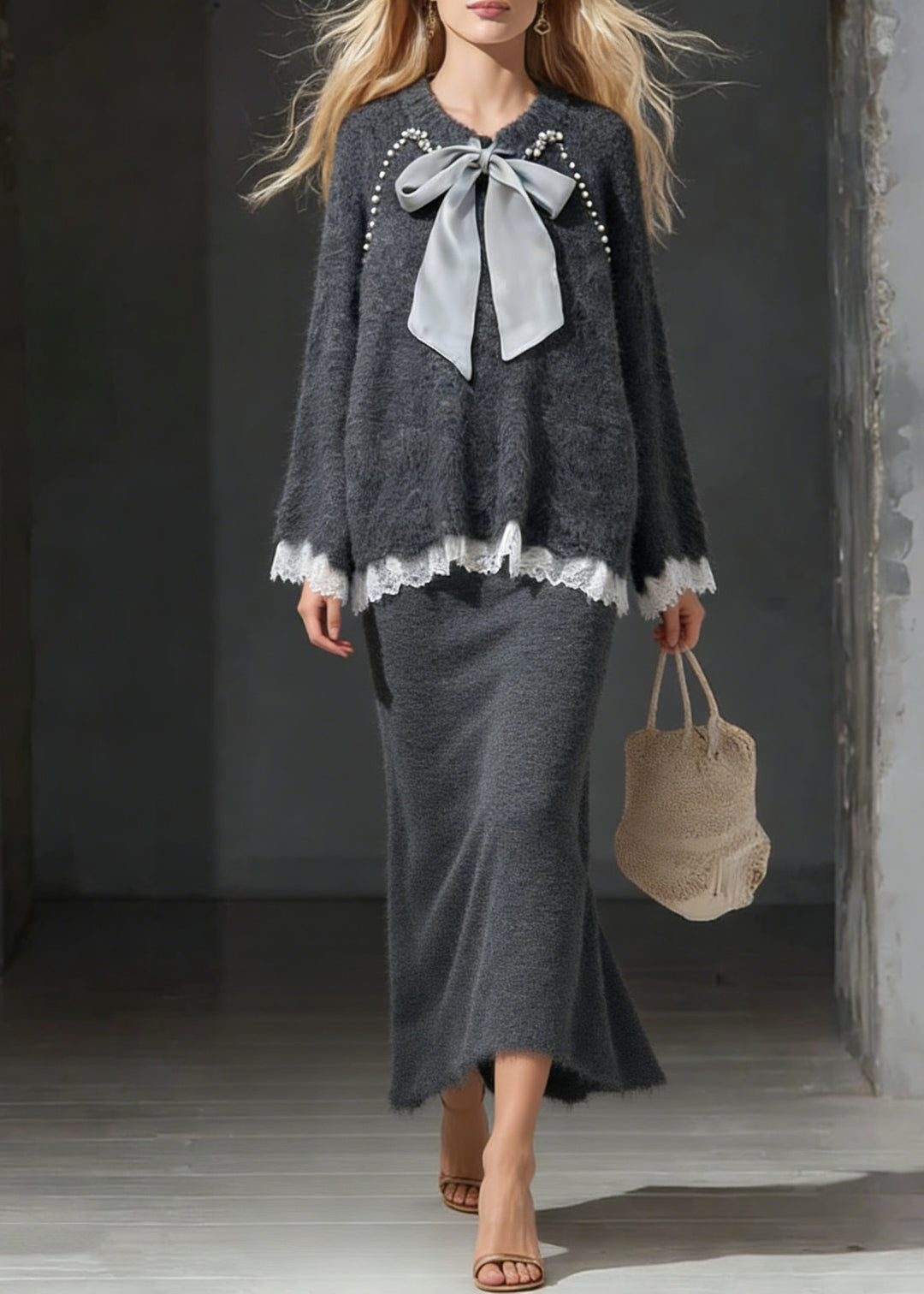 Dark Gray Sweater And Skirt Lace Patchwork Knit Two Piece Set Lace Up - Omychic