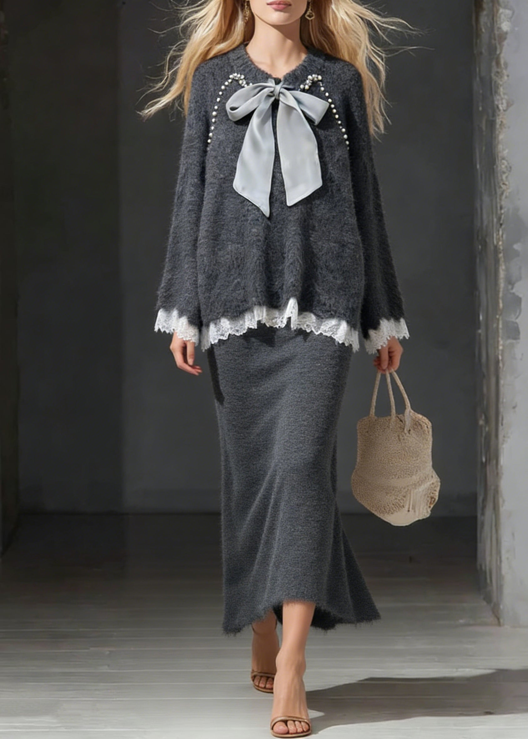 Dark Gray Sweater And Skirt Lace Patchwork Knit Two Piece Set Lace Up - Omychic