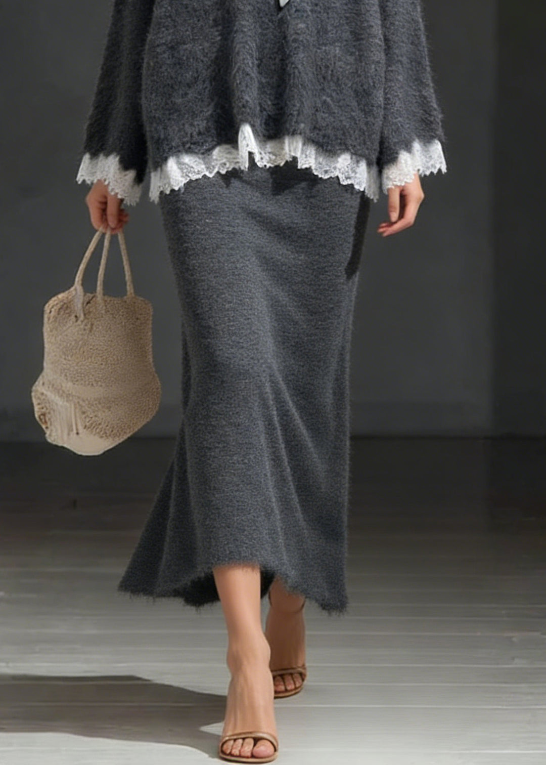 Dark Gray Sweater And Skirt Lace Patchwork Knit Two Piece Set Lace Up - Omychic