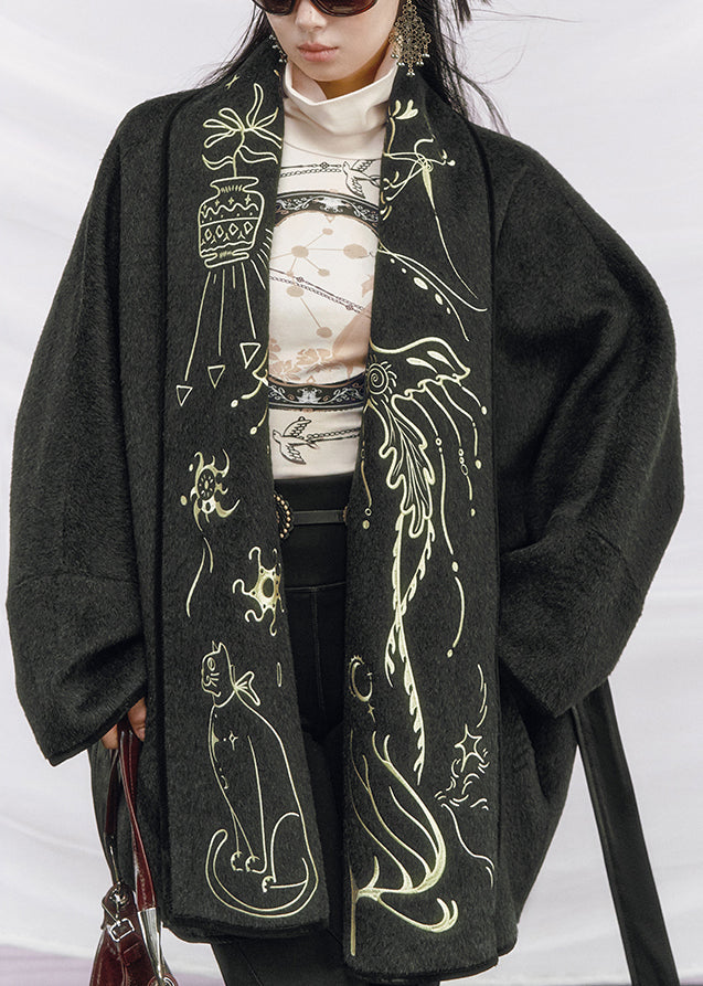 Dark Gray Tie Waist Pockets Woolen Coats Embroidered