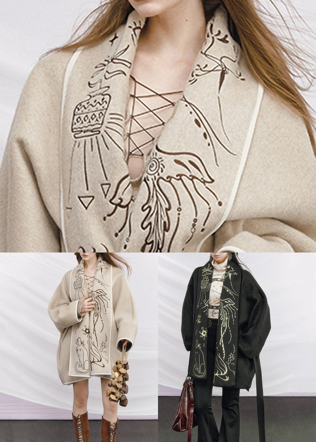 Dark Gray Tie Waist Pockets Woolen Coats Embroidered