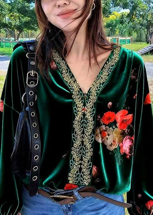 Dark Green Embroidered Patchwork Silk Velour Blouses V Neck Fall