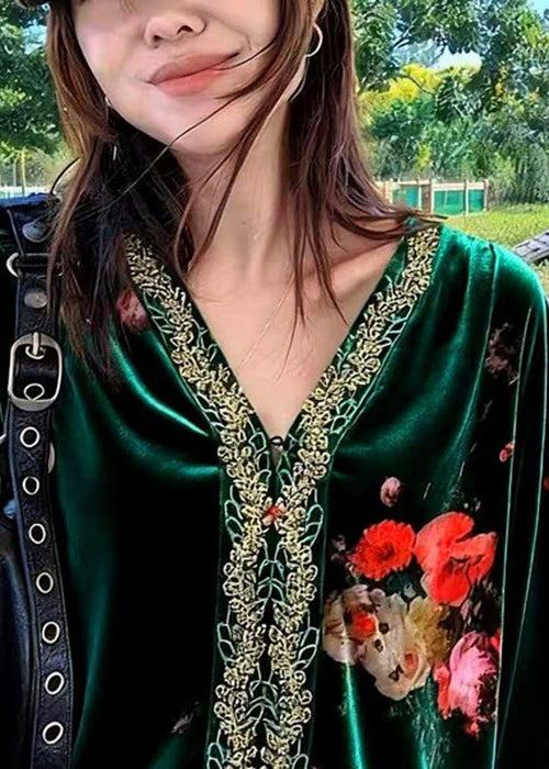 Dark Green Embroidered Patchwork Silk Velour Blouses V Neck Fall