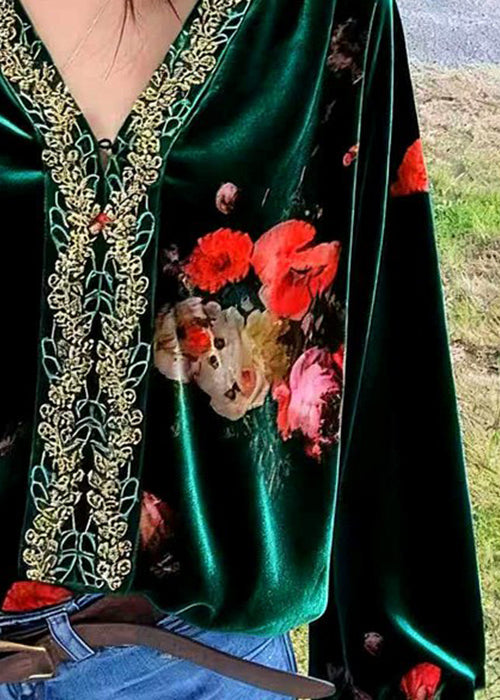 Dark Green Embroidered Patchwork Silk Velour Blouses V Neck Fall