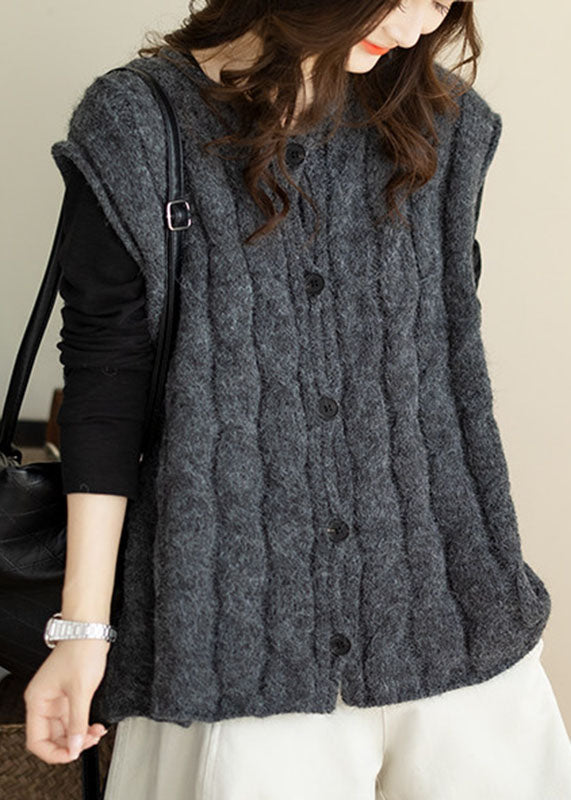 Dark Grey Button Warm Cable Cotton Knit Waistcoat Sleeveless