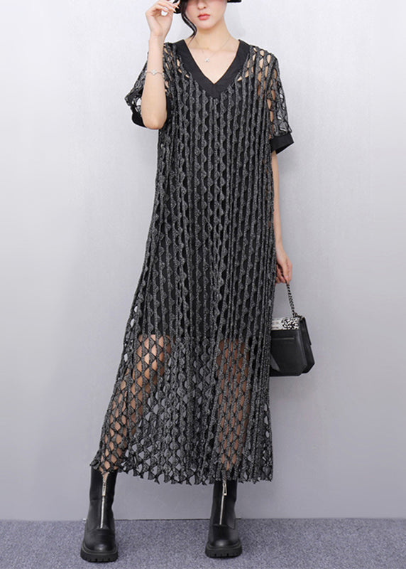 Dark Grey Hollow Out Long Dresses Short Sleeve