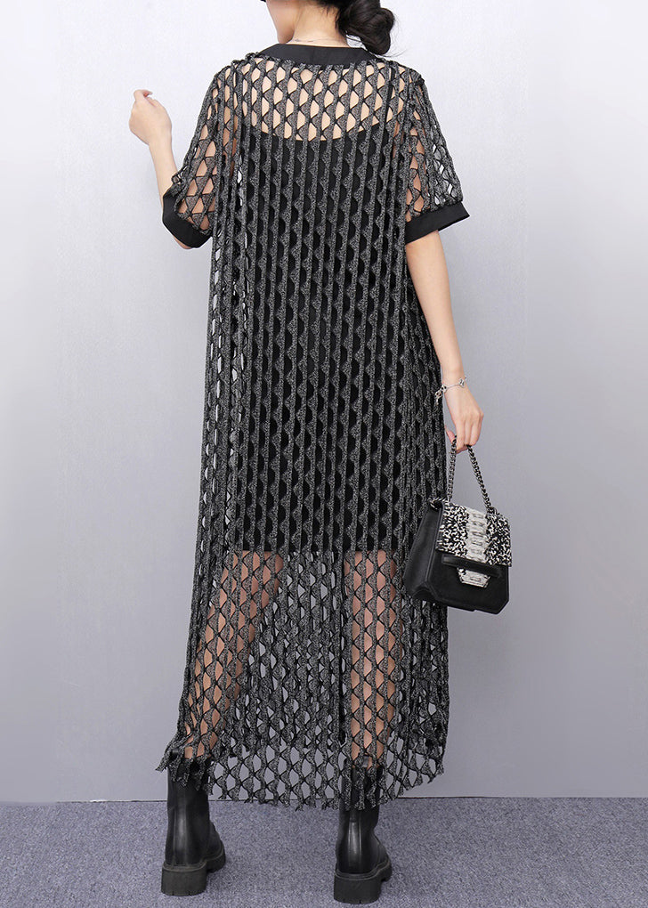 Dark Grey Hollow Out Long Dresses Short Sleeve