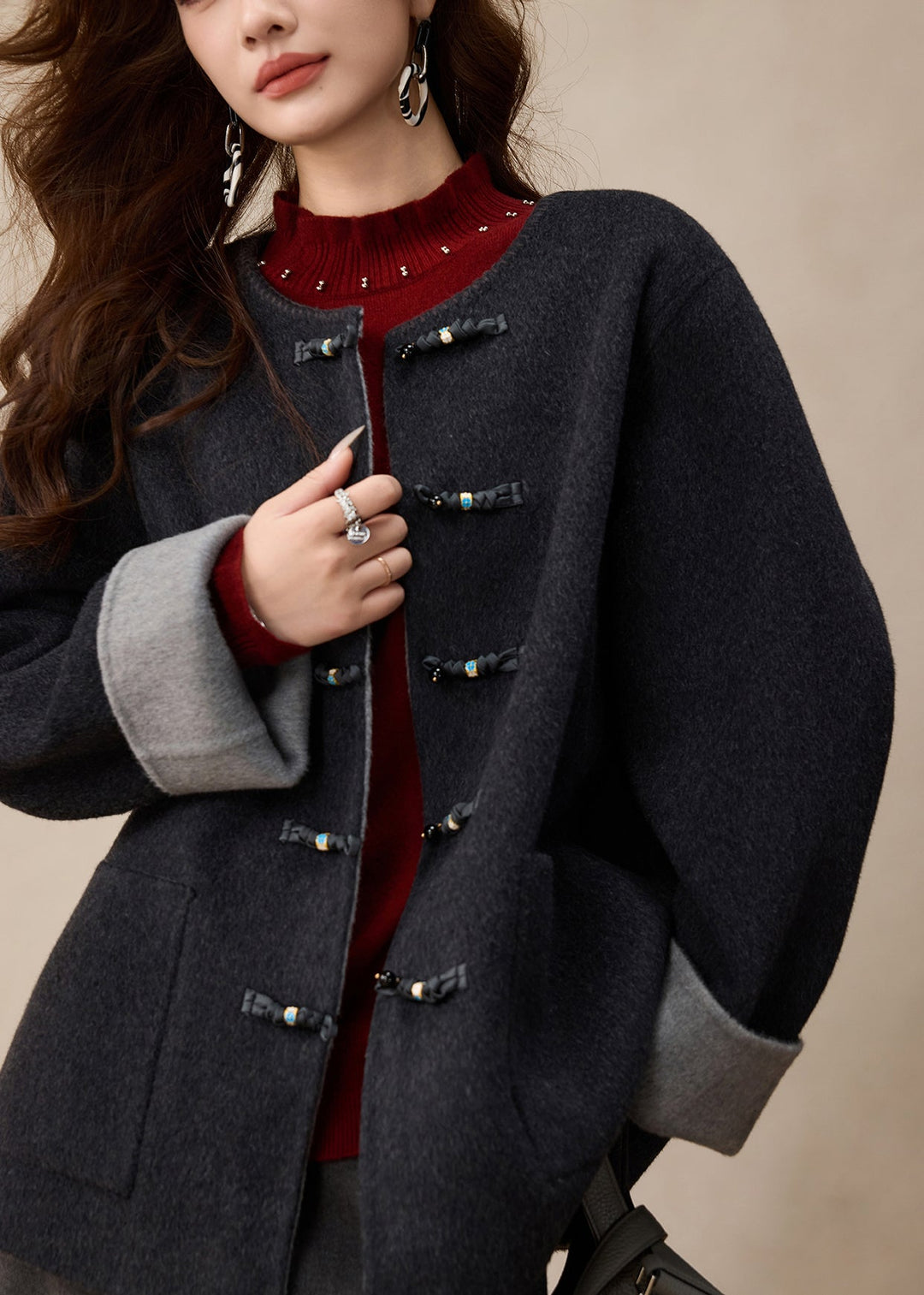 Dark Grey O-Neck Button Solid Woolen Coats Spring