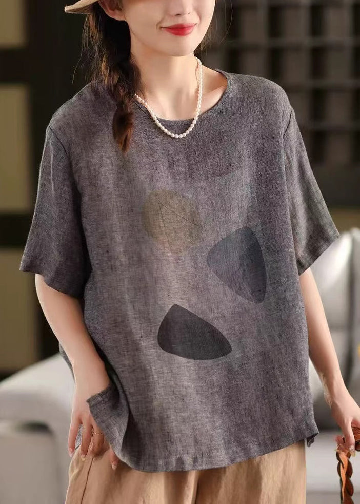 Dark Grey Print Linen Summer Pullover T Shirt O Neck