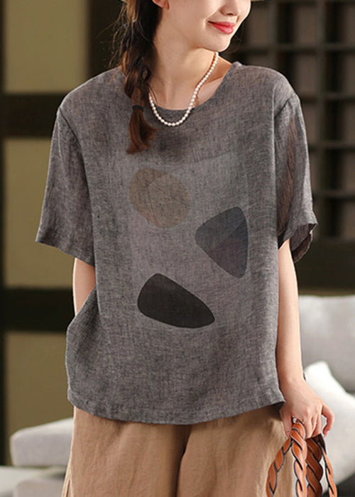 Dark Grey Print Linen Summer Pullover T Shirt O Neck