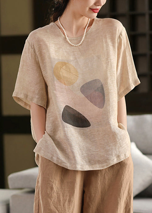 Dark Grey Print Linen Summer Pullover T Shirt O Neck