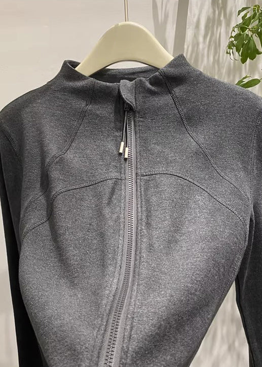 Dark Grey Velour Jackets Zip Up Stand Collar Winter