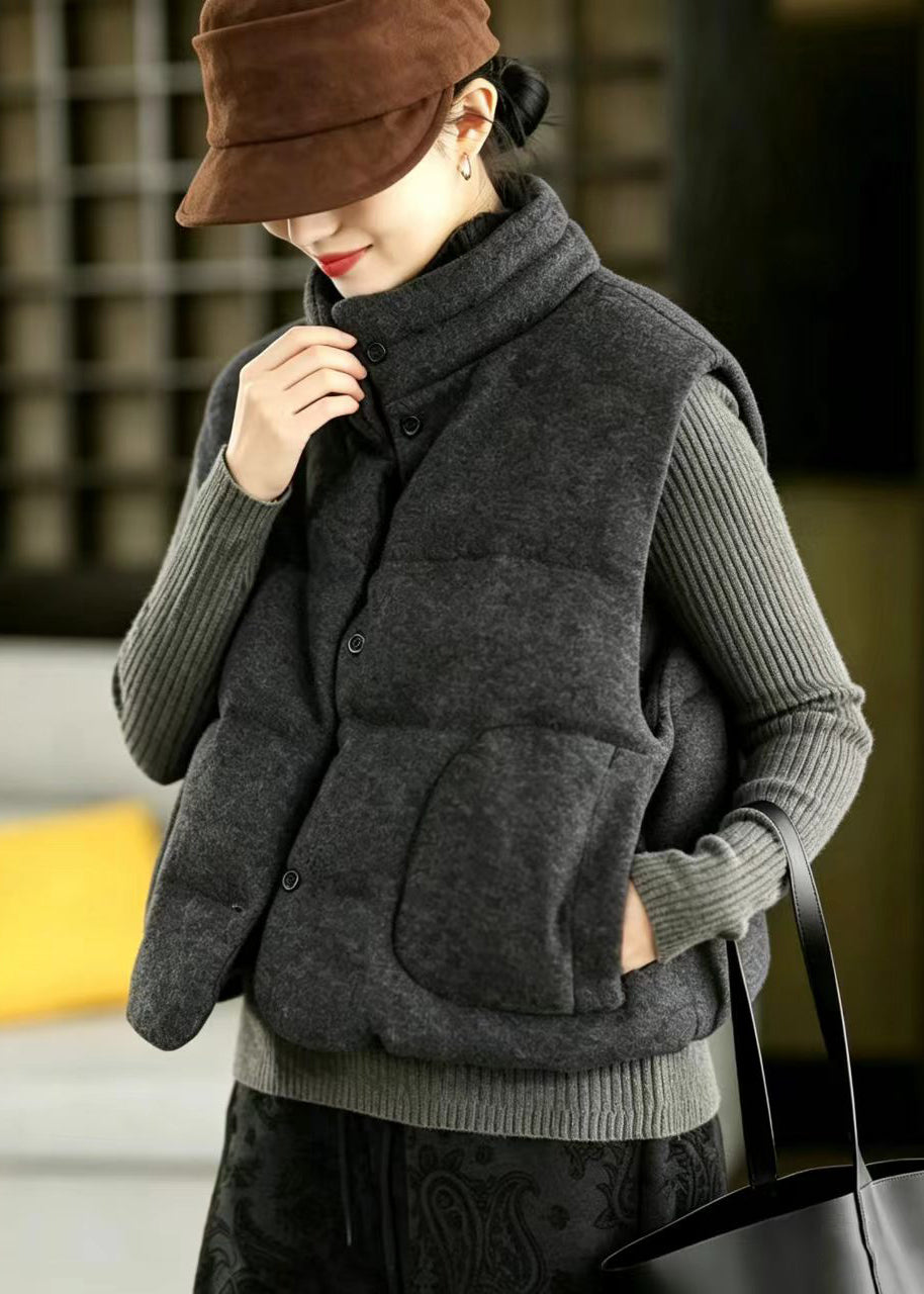 Dark Grey Woolen Cotton Filled Waistcoat Stand Collar Winter