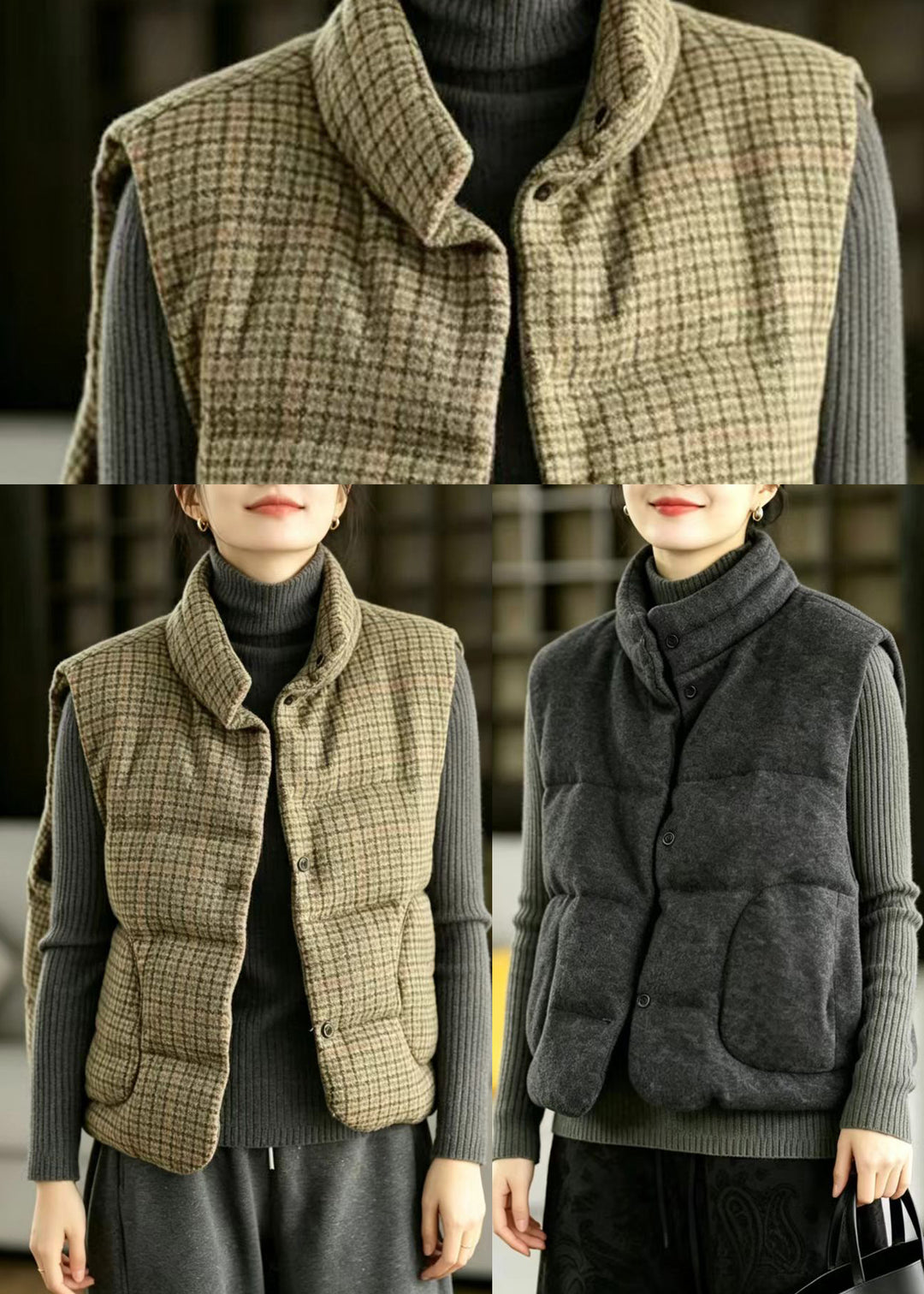 Dark Grey Woolen Cotton Filled Waistcoat Stand Collar Winter