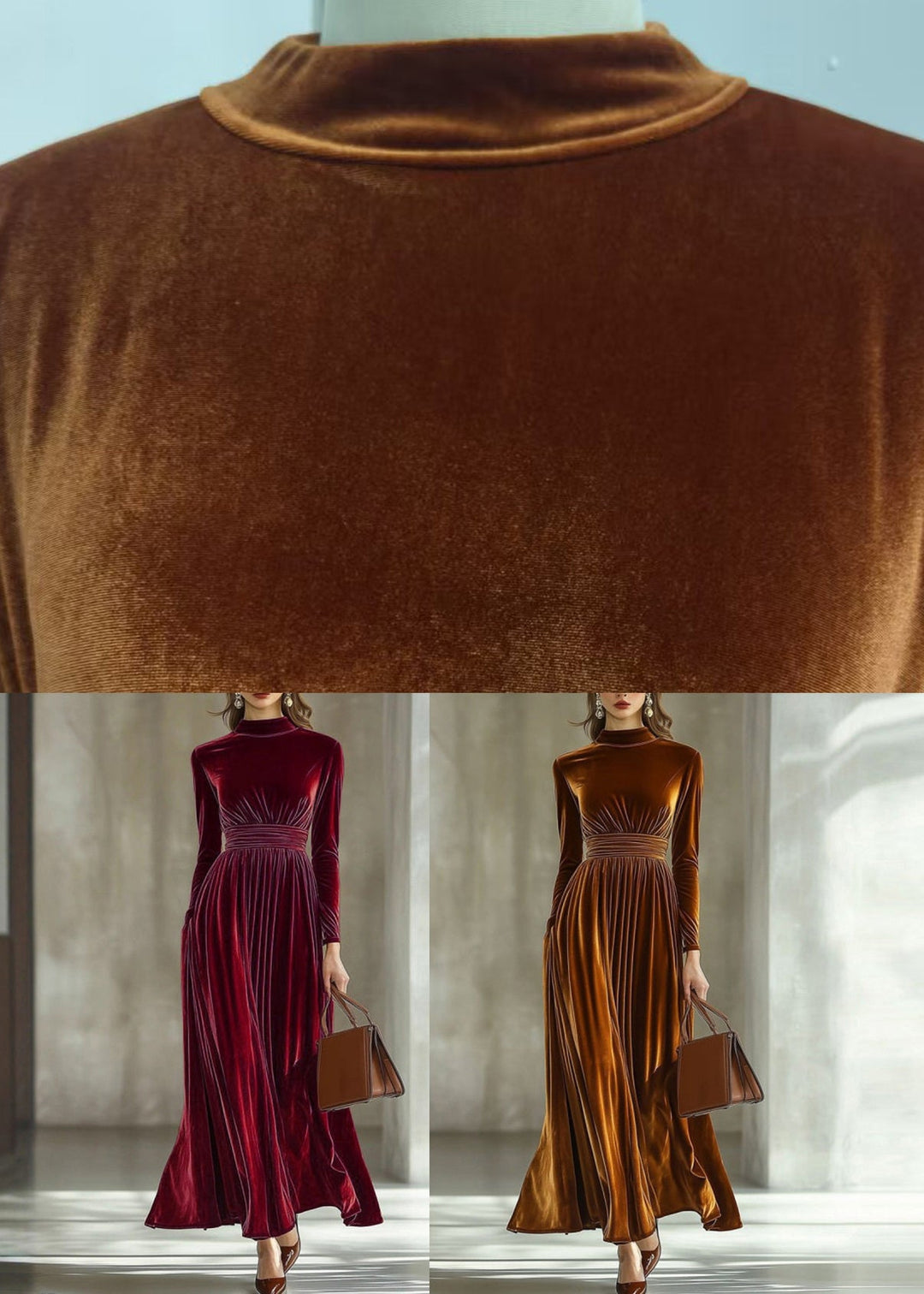 Dark Red Tunic Silk Velvet Maxi Dresses Long Sleeve