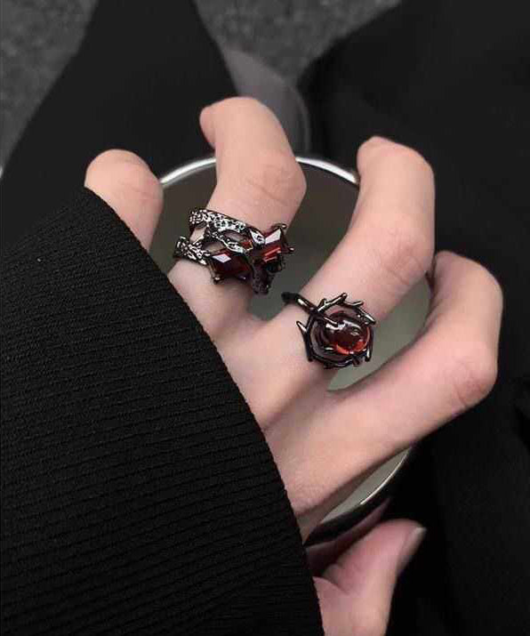 Dark Style Red Zircon Adjustable Metal Open Ring For Men