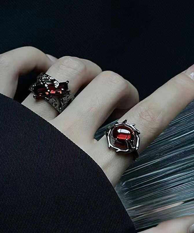 Dark Style Red Zircon Adjustable Metal Open Ring For Men