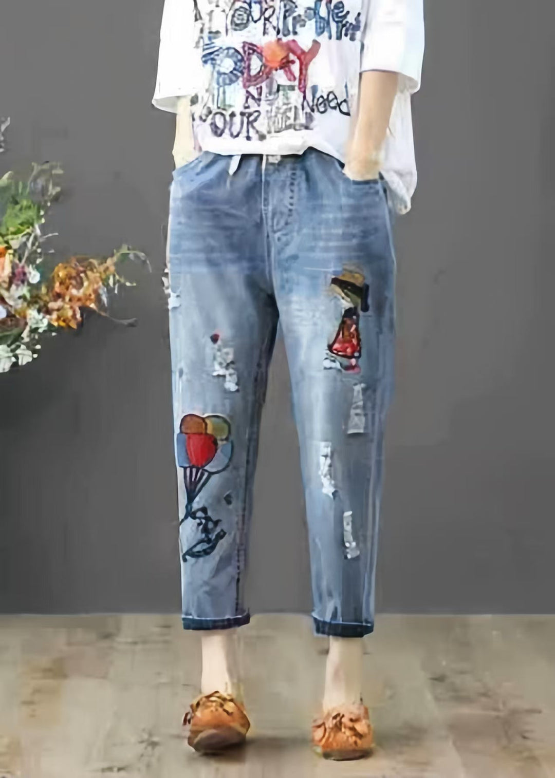 Denim Blue Pants Embroidered Elastic Waist Summer