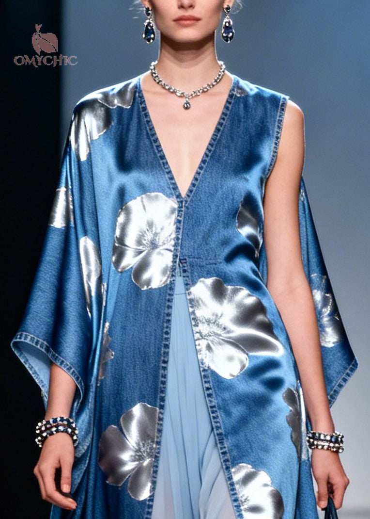 Denim Blue Patchwork Chiffon Dresses Asymmetrical Side Open Summer