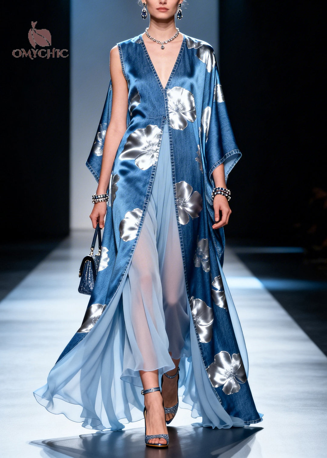 Denim Blue Patchwork Chiffon Dresses Asymmetrical Side Open Summer