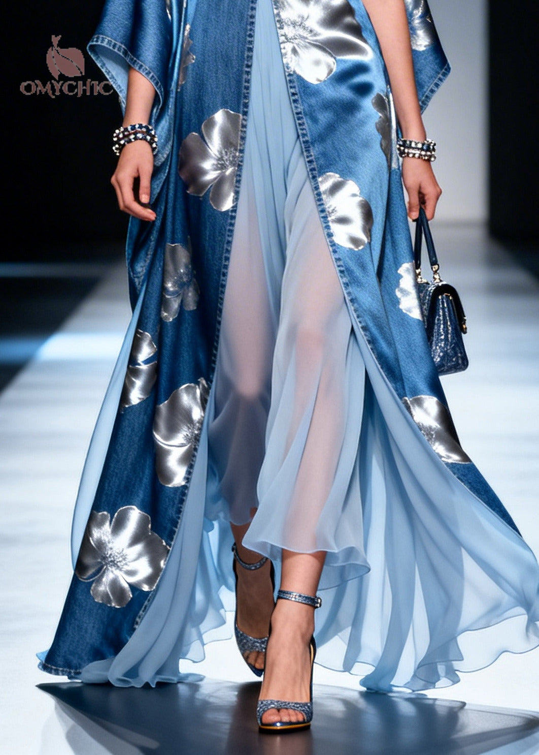Denim Blue Patchwork Chiffon Dresses Asymmetrical Side Open Summer