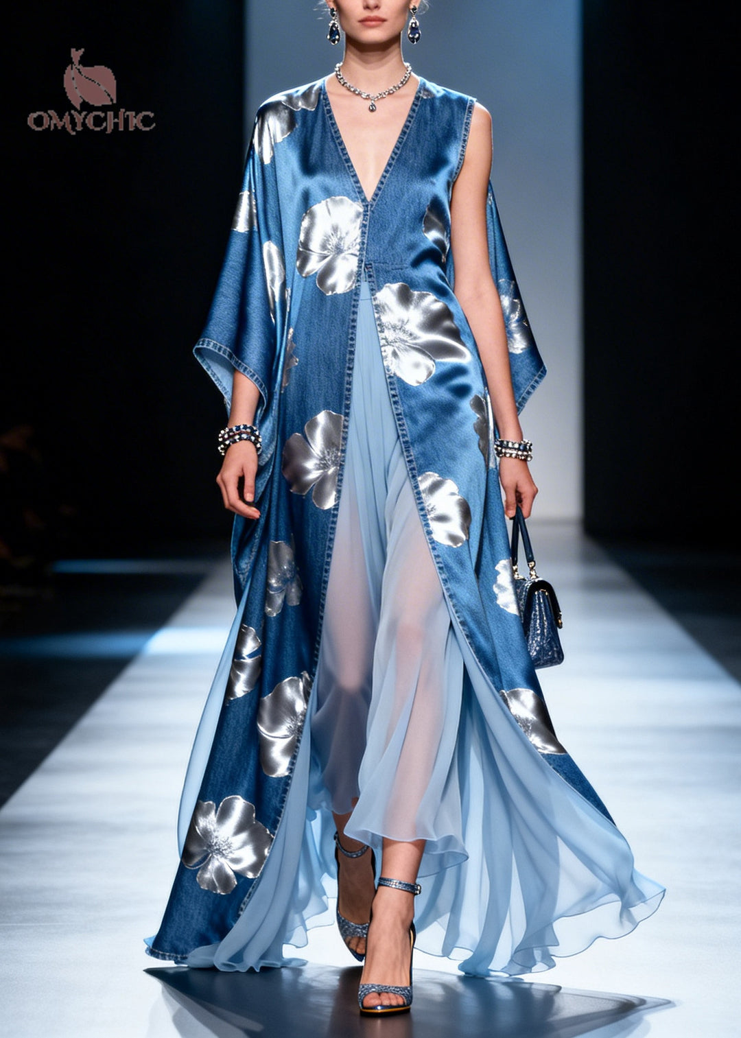 Denim Blue Patchwork Chiffon Dresses Asymmetrical Side Open Summer