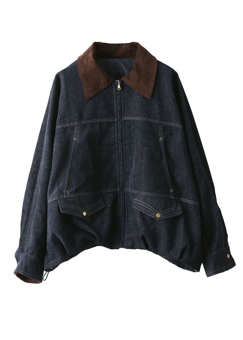 Denim Blue Patchwork Cotton Coat Peter Pan Collar Fall