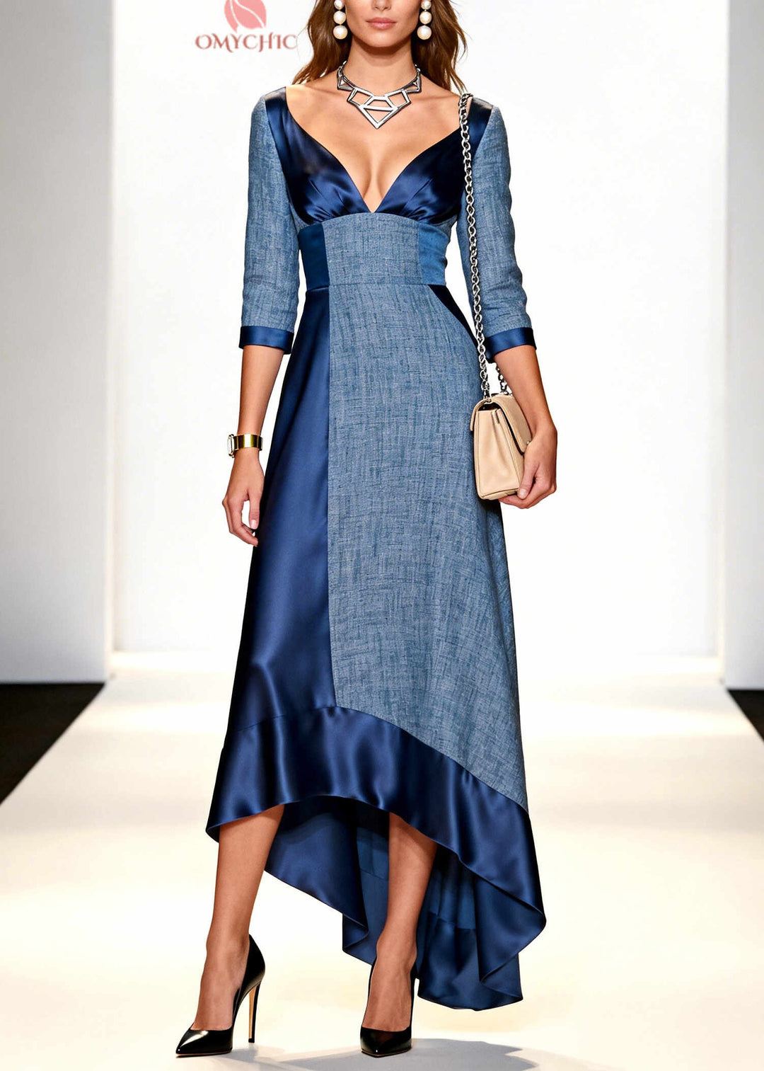 Denim Blue Patchwork Cotton Party Dress V Neck Low High Design Summer