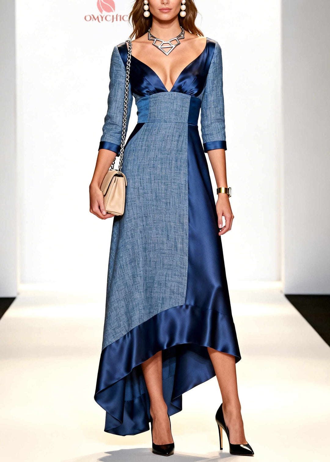 Denim Blue Patchwork Cotton Party Dress V Neck Low High Design Summer
