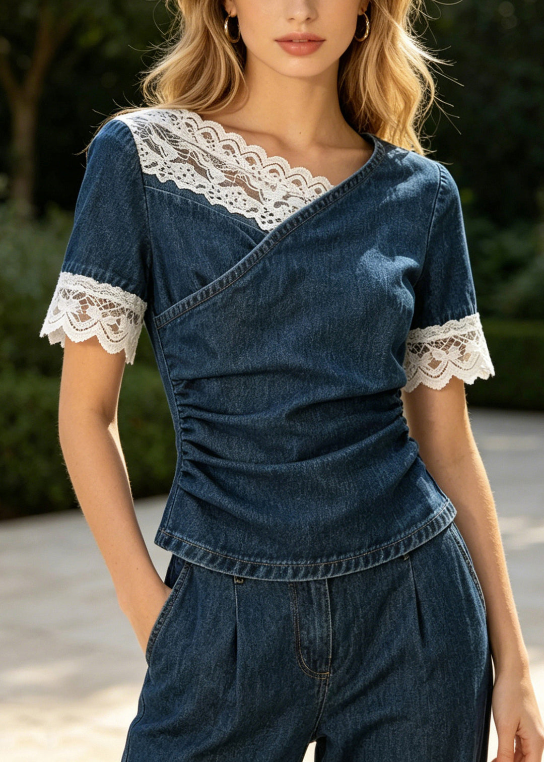 Denim Blue Patchwork Lace Shirt Tops Asymmetrical Design Summer