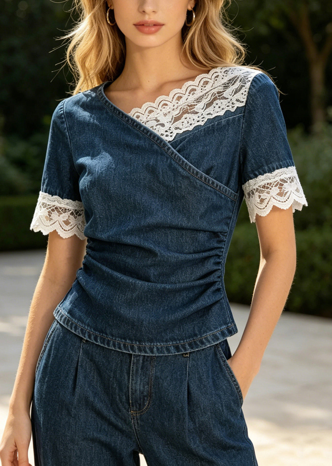Denim Blue Patchwork Lace Shirt Tops Asymmetrical Design Summer