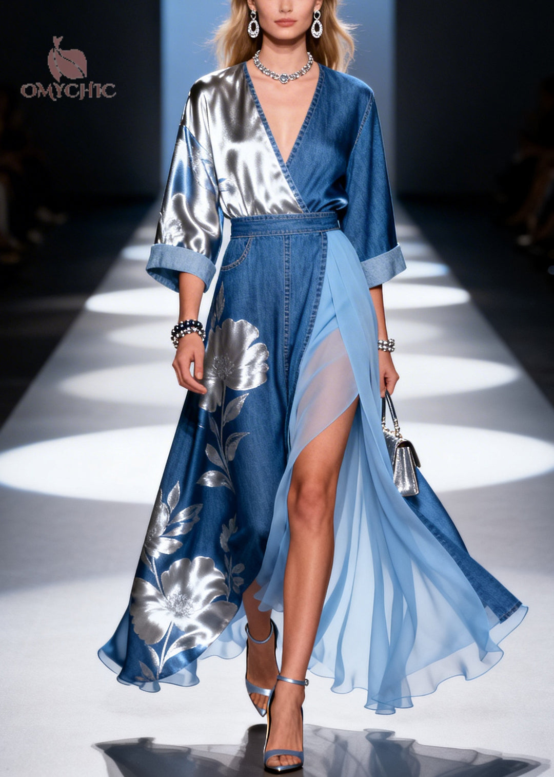 Denim Blue Patchwork Tulle Dress Asymmetrical Side Open Summer