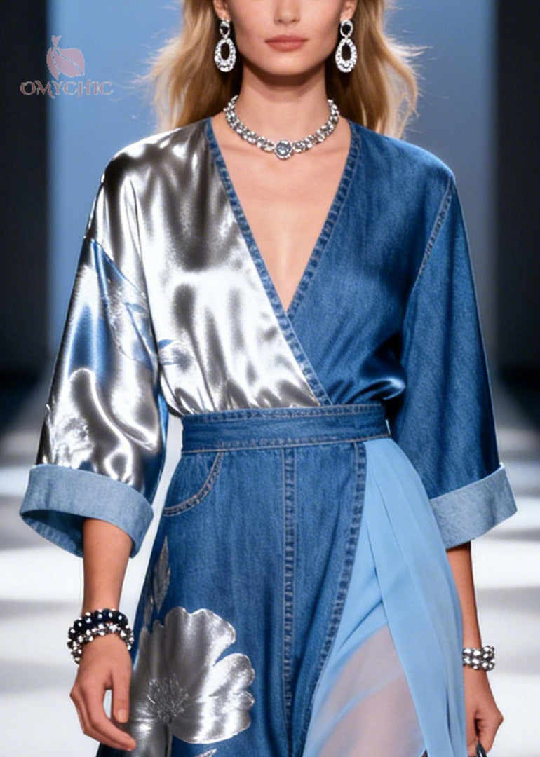 Denim Blue Patchwork Tulle Dress Asymmetrical Side Open Summer