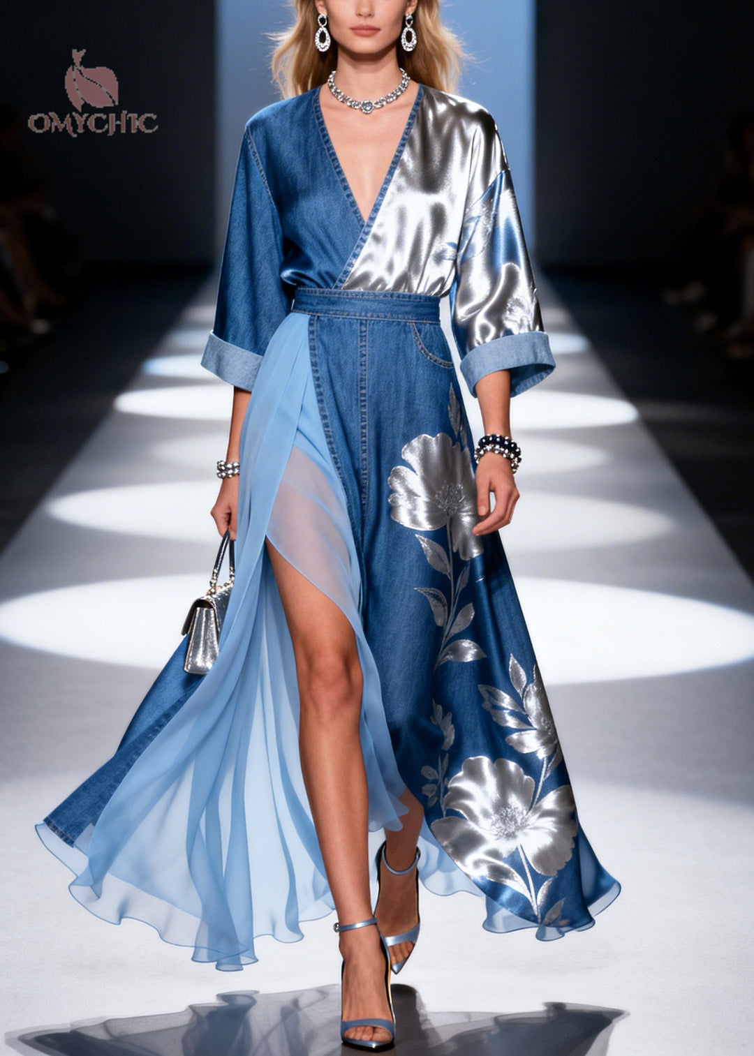 Denim Blue Patchwork Tulle Dress Asymmetrical Side Open Summer