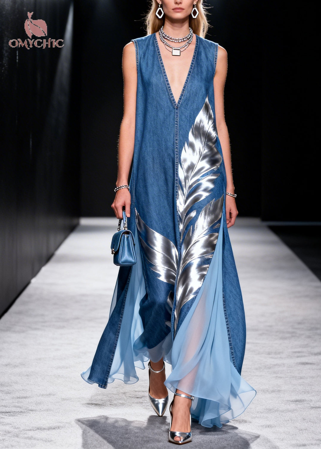 Denim Blue Patchwork Tulle Holiday Dress Oversized Print Summer