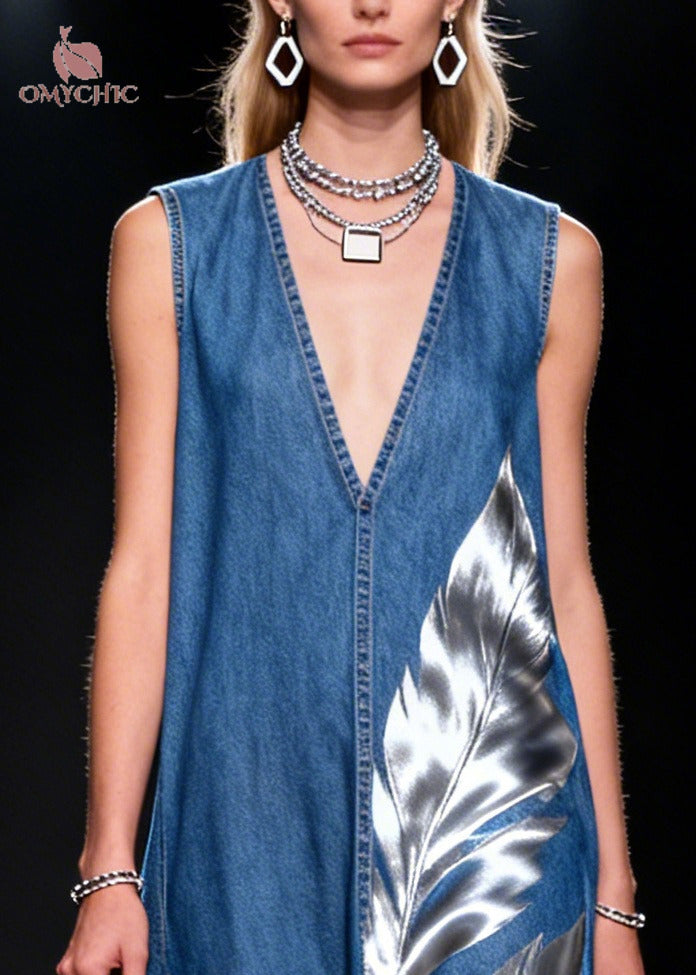 Denim Blue Patchwork Tulle Holiday Dress Oversized Print Summer