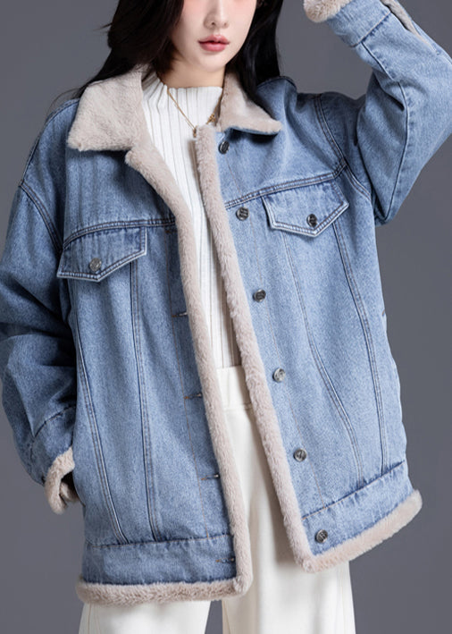 Denim Blue Warm Fleece Jacket Oversized Thick Winter