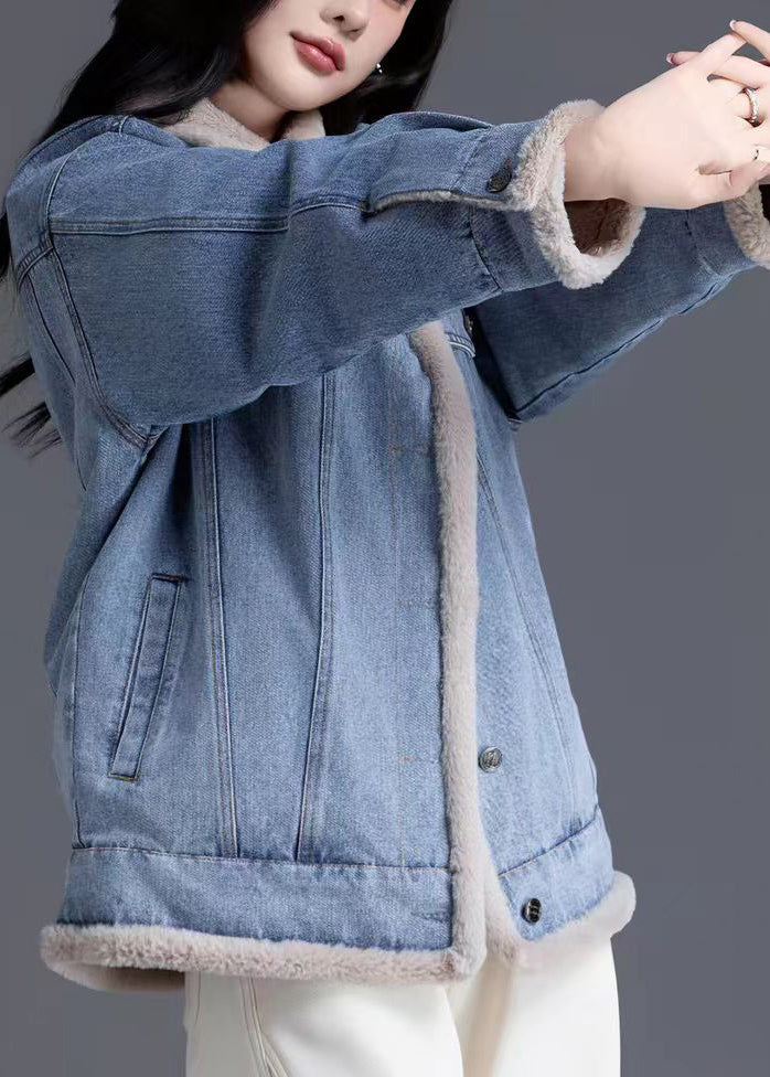 Denim Blue Warm Fleece Jacket Oversized Thick Winter