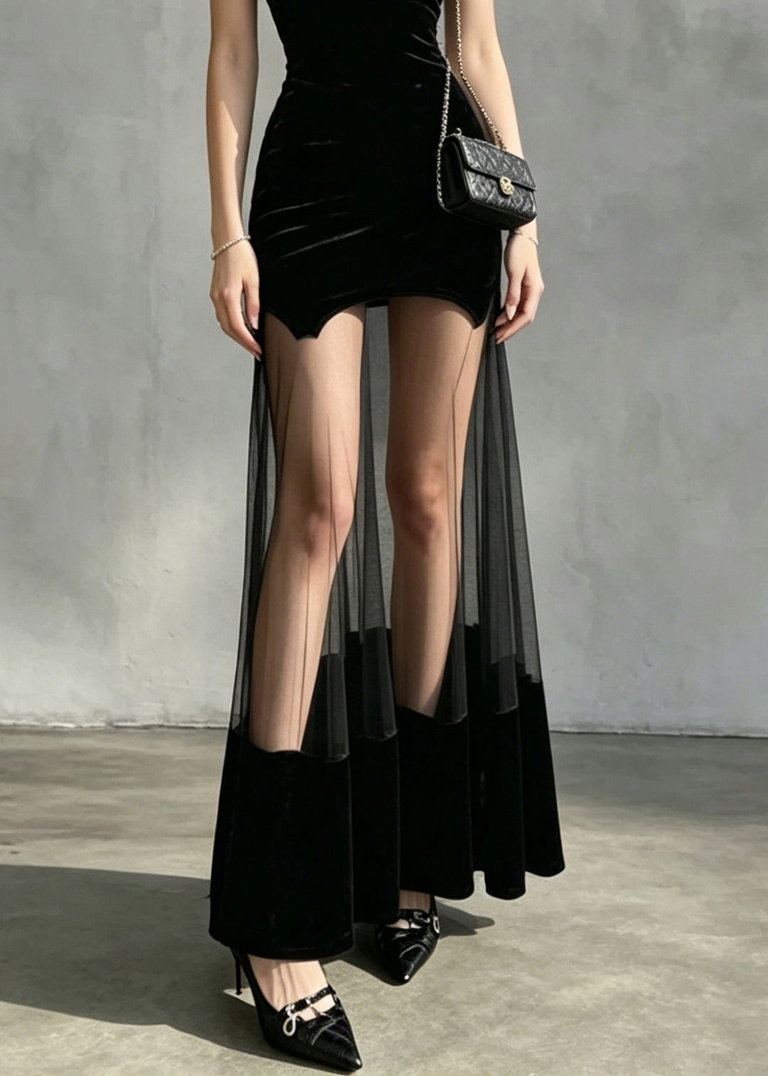 Dinner Black Tulle Patchwork Long Dress Sleeveless