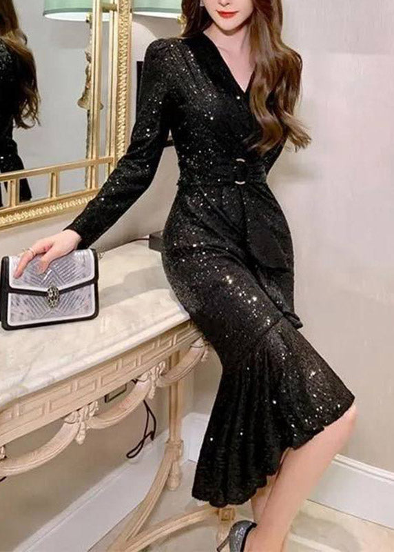Dinner Black V Neck Sequins Tunic Maxi Dresses Spring
