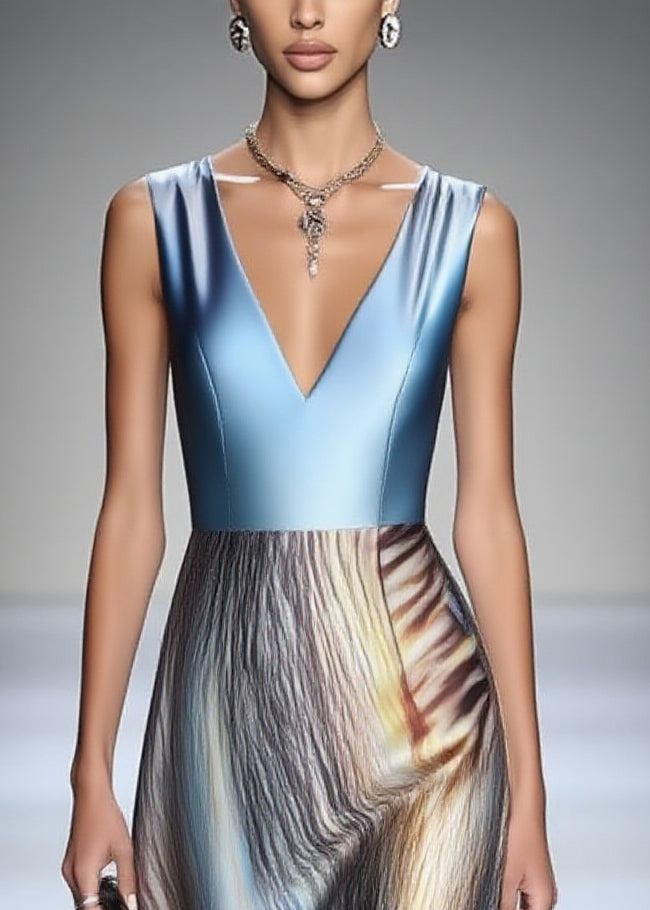 Dinner Blue Print Patchwork Silk Long Dress Sleeveless - Omychic