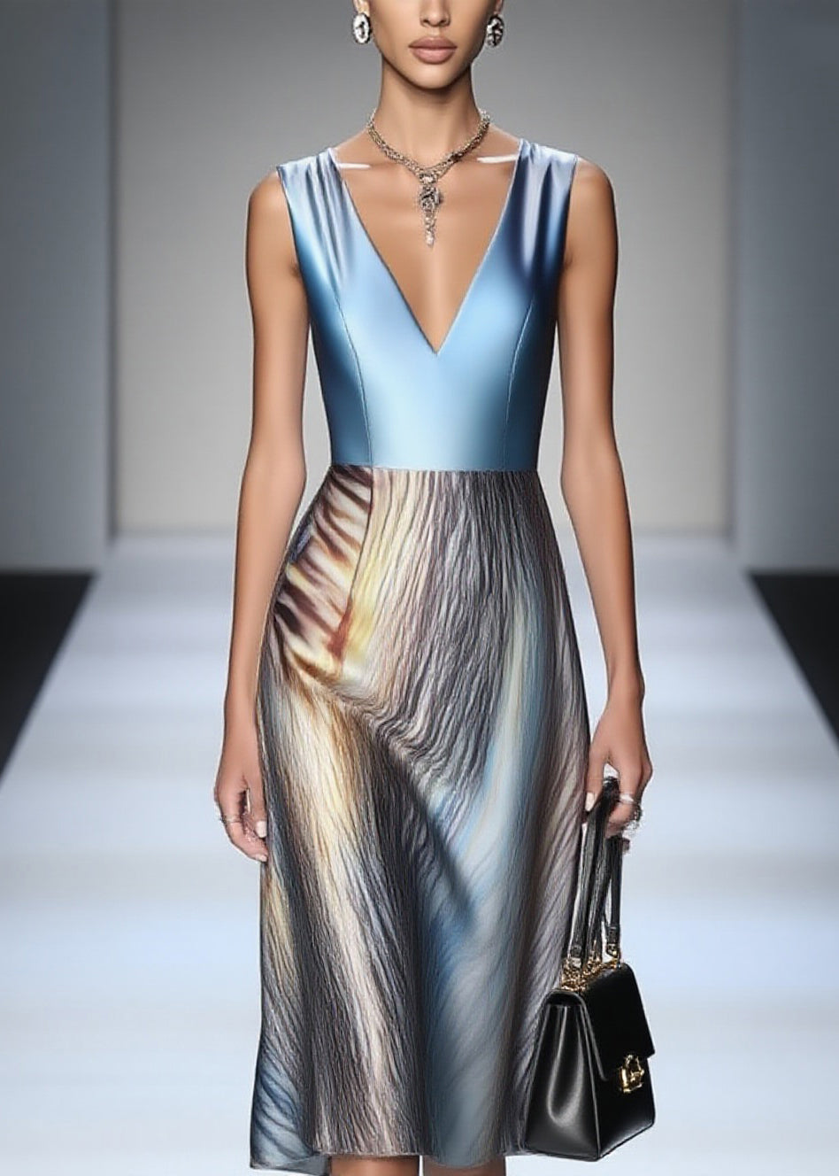 Dinner Blue Print Patchwork Silk Long Dress Sleeveless - Omychic